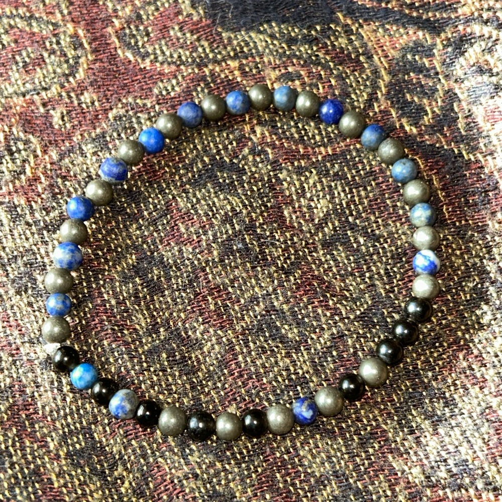 4mm lapis lazuli obsidian X blk pyrite bracelet